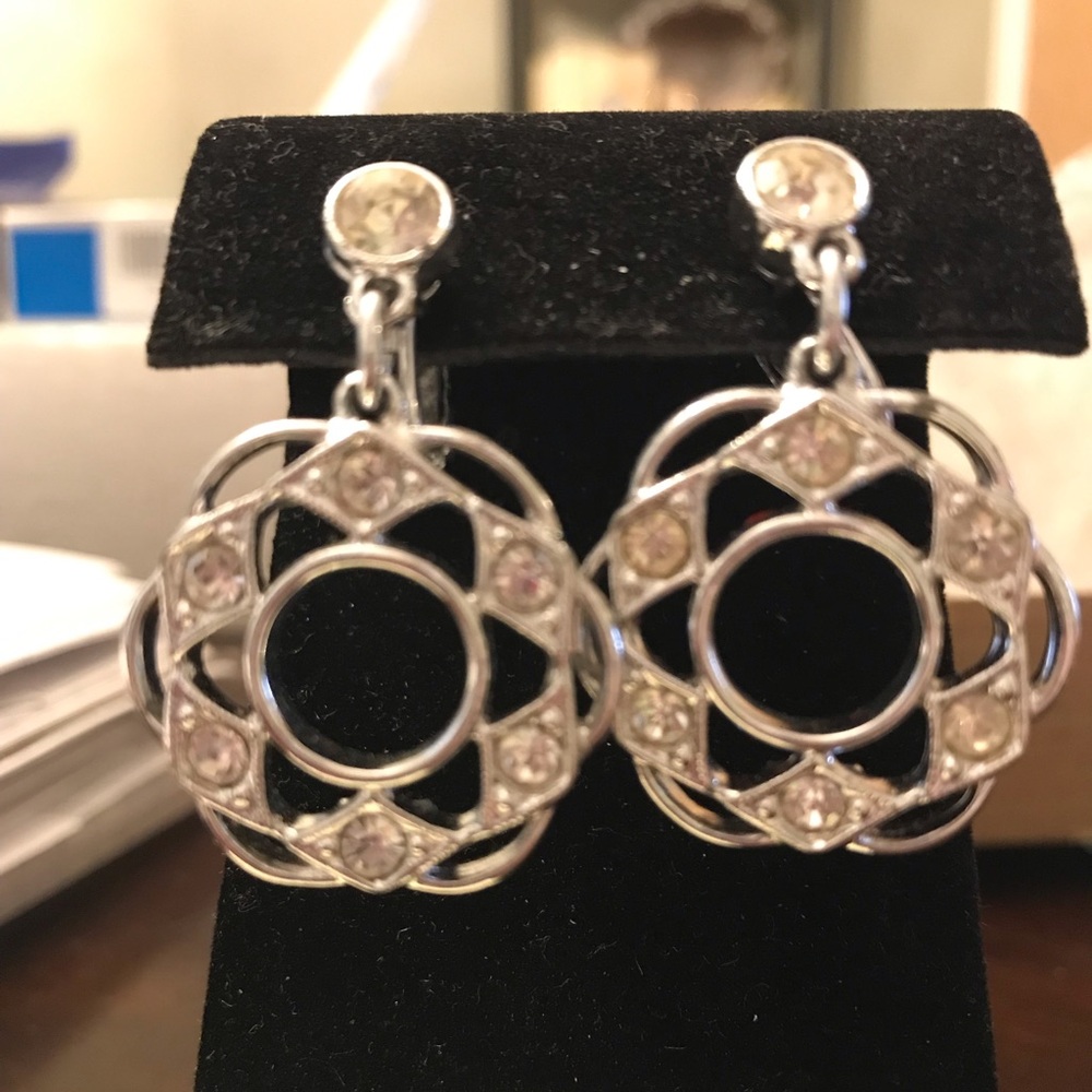 Clip On Sara Coventry Silver Tone Round Filigree Drop Earrings with Clear Stones